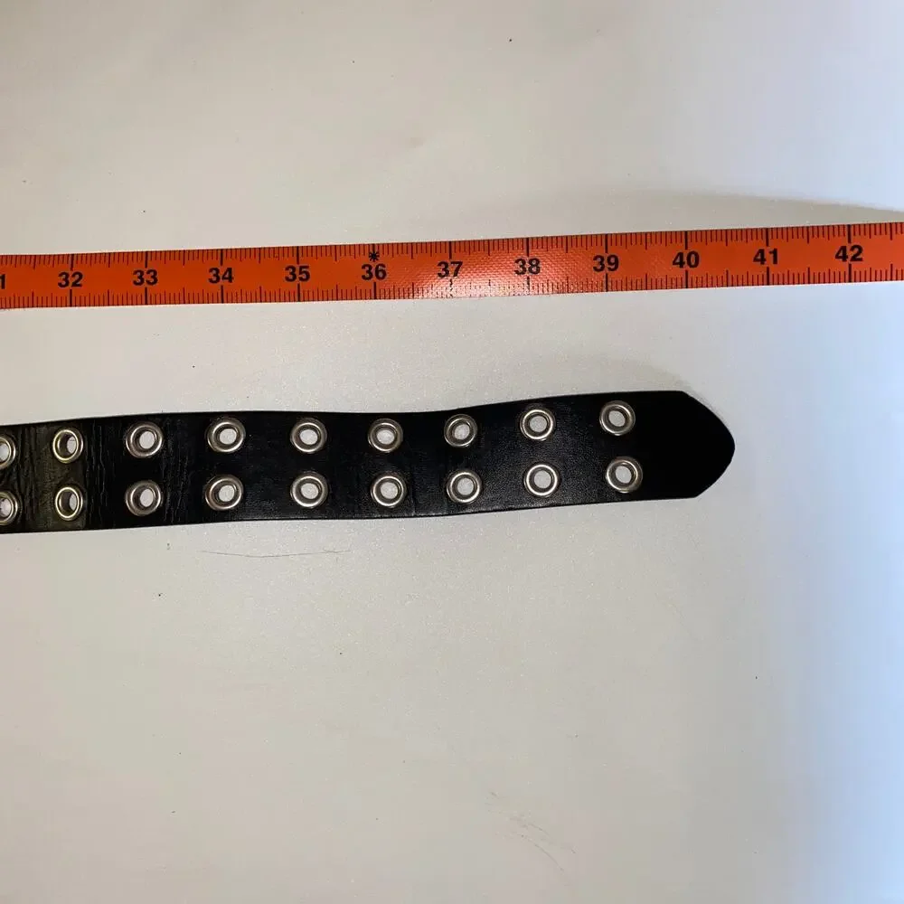 Black Faux Leather Double Prong Belt Silver-Tone Hardware Women's